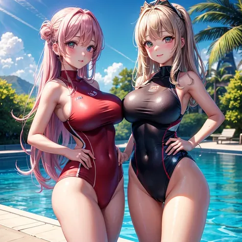 Highly detailed CG unity 8k wallpapers、top-quality、ultra-detailliert、​masterpiece、realisitic、Photo Real、extremely detailed cute girl、(25-years old)、red blush、roundly eyes、big breasts、looking at viewert、half - body shot、swimming race suit、in poolside