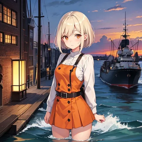 World War 2 Dutch Light cruiser HNLMS De Ruyter but as an anime girl, at the Amsterdam harbor in 1935, short white hair, orange eyes, world war 2 dutch admiral uniform