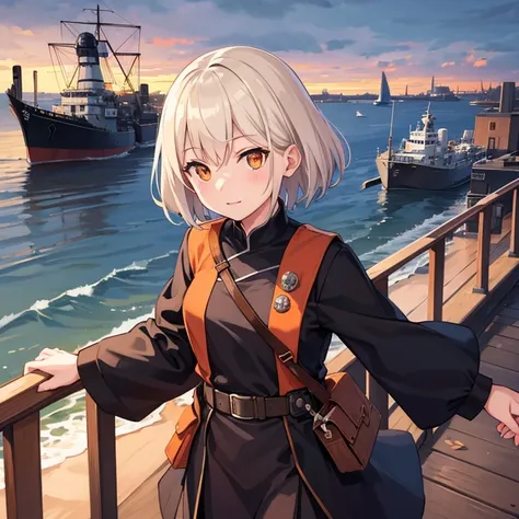 World War 2 Dutch Light cruiser HNLMS De Ruyter but as an anime girl, at the Amsterdam harbor in 1935, short white hair, orange eyes, world war 2 dutch admiral uniform