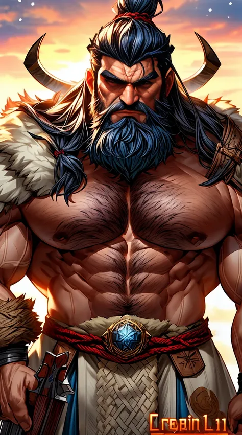 (viking:1.2,giant:1.1,bodybuilder:1.1)dark beard,strong muscular physique,full body character,snow mountain in background,illustration,ultra-detailed,strong character presence,highres,physically-based rendering,sturdy posture,heavy oak weapon,basic fur clo...