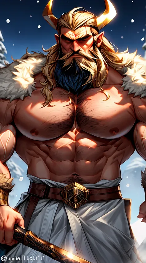 (viking:1.2,giant:1.1,bodybuilder:1.1)dark beard,strong muscular physique,full body character,snow mountain in background,illustration,ultra-detailed,strong character presence,highres,physically-based rendering,sturdy posture,heavy oak weapon,basic fur clo...