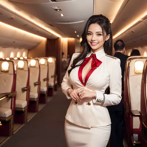 ((top-quality、masutepiece、8K、Top image quality、Hyper-Realism))、((1 female stewardess、walk gracefully down the aisle、cowboy  shot、Take a photo of her from the waist up))、((The background is an airplane aisle))、((the most luxurious interior、The most luxuriou...