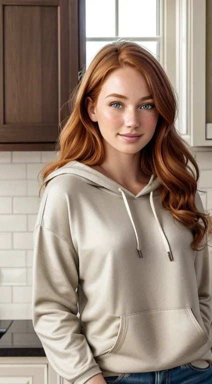 1girl in, age19, Solo, Aesthetic artwork, irish  redhead, wavy ginger hair, shoulder length ginger hair, gray eyes, light grey eyes, some small freckles, pale skin, A-cup, small breasts, runners body, hair away from sweatshirt, fullbody shot, perfect tense...