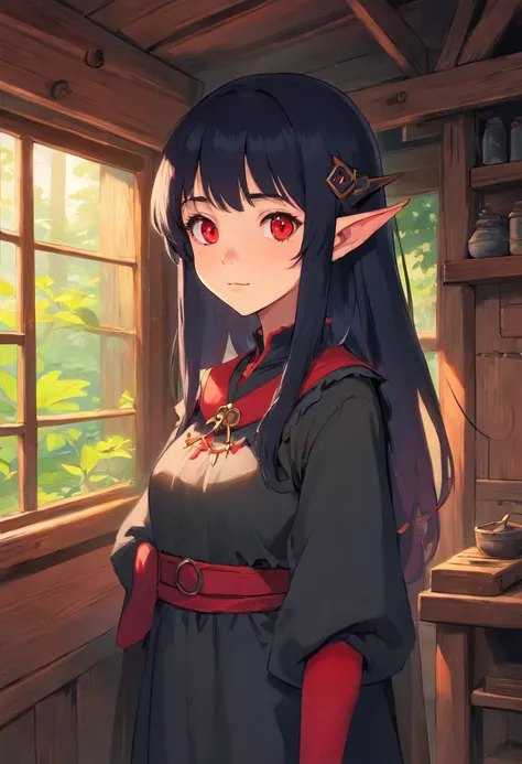 Elf girl with red eyes, light skin/pale, black hair, gothic style clothing, in a calm environment like a comfy cabin