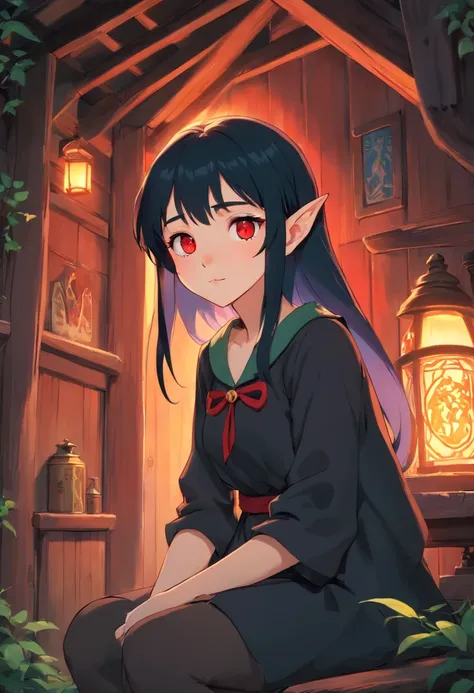 Elf girl with red eyes, light skin/pale, black hair, gothic style clothing, in a calm environment like a comfy cabin