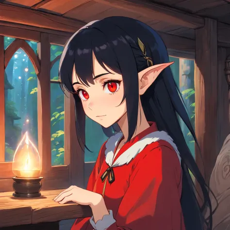 Elf girl with red eyes, light skin/pale, black hair, gothic style clothing, in a calm environment like a comfy cabin