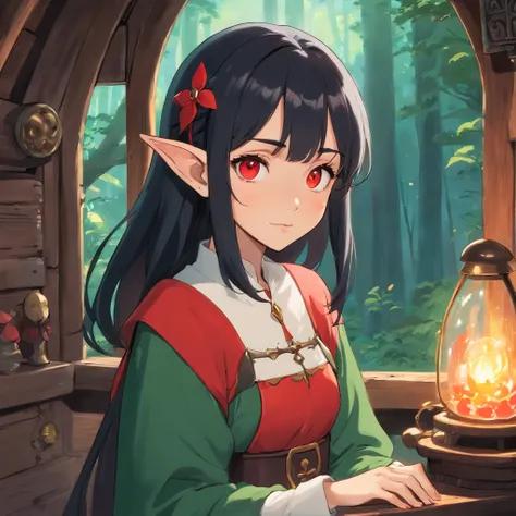 Elf girl with red eyes, light skin/pale, black hair, gothic style clothing, in a calm environment like a comfy cabin