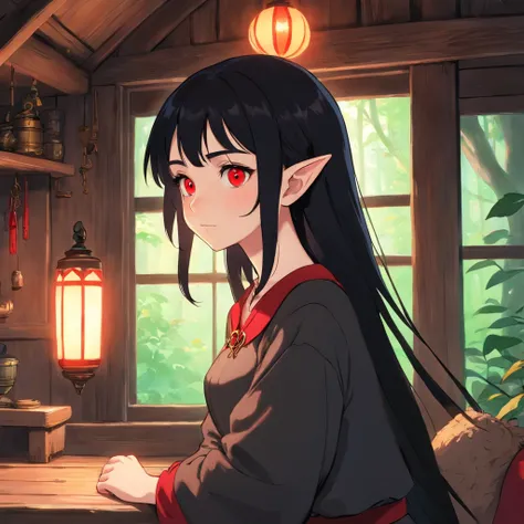 Elf girl with red eyes, light skin/pale, black hair, gothic style clothing, in a calm environment like a comfy cabin