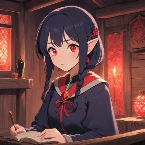 Elf girl with red eyes, light skin/pale, black hair, gothic style clothing, in a calm environment like a comfy cabin