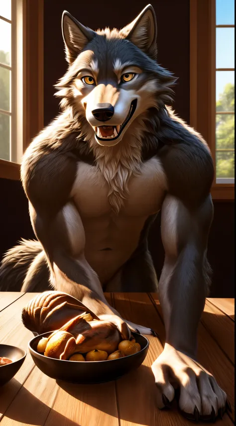 ((nj5furry, solo, masterpiece, chest level shot, chasing, hungry expression, licking teeth, (anthro), looking at object, high resolution, 4K, photorealistic)), male, adult, ((wolf-face, detailed fluffy fur, extremely detailed, paws, wolf tail, four toes, t...