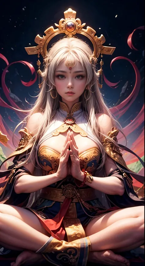 high-level image quality、ighly detailed、in 8K、Beautiful woman with eight faces and six arms、Heavenly daughter、Zazen、yoga pose、the buddha、A meditative、Fantastical、The Spiritual World、Yin Yang、buddhism、Heavenly Emperor、I Ching、Sukuyo Sutra、Mandala Background...