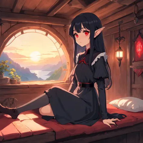 Elf girl with red eyes, light skin/pale, black hair, gothic style clothing, in a calm environment like a comfy cabin