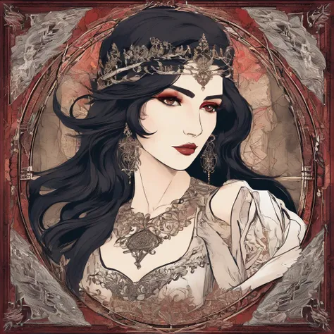 A girl with striking red eyes, fair and delicate skin, and beautiful long black hair stands before you. She exudes an aura of mystery and enchantment, dressed in a gothic style outfit that perfectly complements her ethereal beauty. Her attire, adorned with...