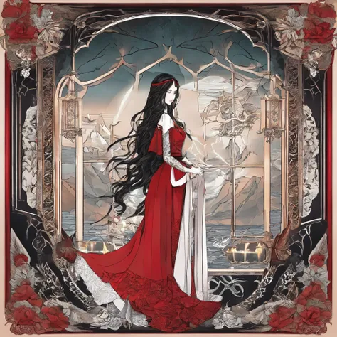 A girl with striking red eyes, fair and delicate skin, and beautiful long black hair stands before you. She exudes an aura of mystery and enchantment, dressed in a gothic style outfit that perfectly complements her ethereal beauty. Her attire, adorned with...