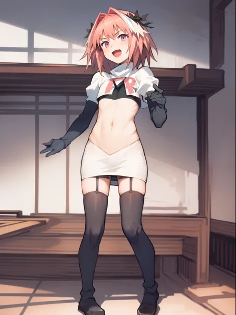 absurdres, masterpiece, best quality, (astolfo fate:1.2155), 1boy, male focus, trap, pink multicolored hair, pink hair, white hair, hair intakes, long hair, pink detailed eyes, crossdressing,1boy, team rocket,team rocket uniform, red letter R, white skirt,...