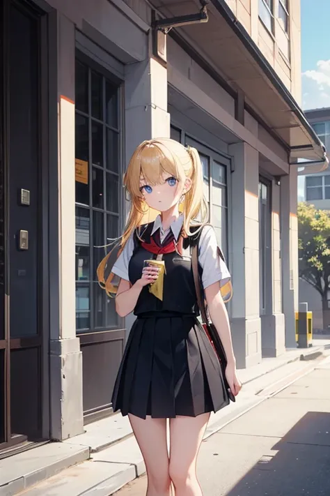 Blonde girl　Wearing a uniform　Outside the school building