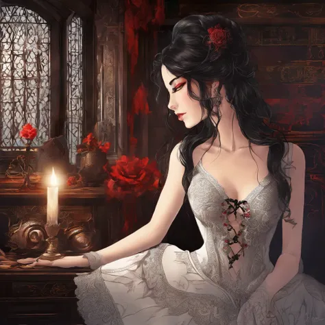 A girl with striking red eyes, fair and delicate skin, and beautiful long black hair stands before you. She exudes an aura of mystery and enchantment, dressed in a gothic style outfit that perfectly complements her ethereal beauty. Her attire, adorned with...