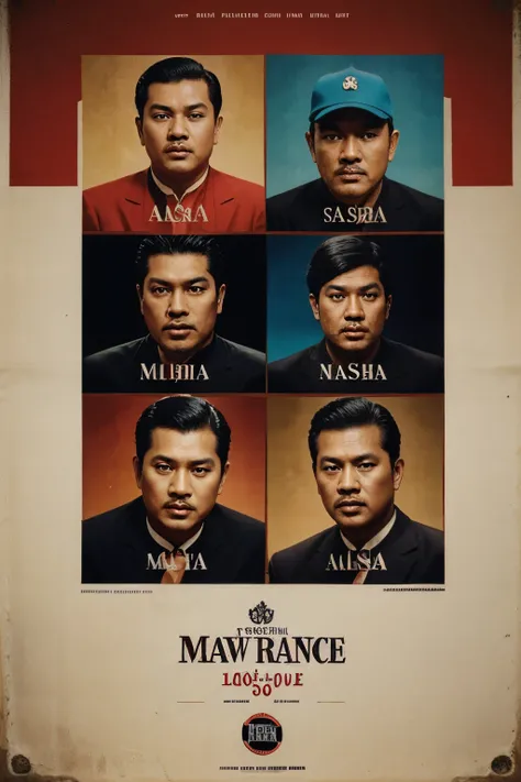 Create a logo of a group of four Malay man with P Ramlee film poster vibes in Malaya in 1960/ the group name is Ah Sa Kaw/ contain influence from all vintage collection of the era