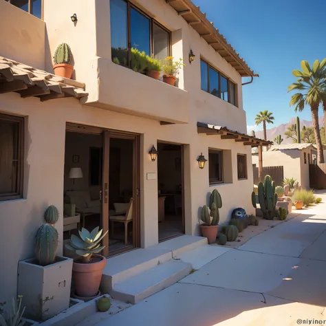 pygmy owls in holes in saguaros, lithops on the sand, stucco house with a patio and prickly pear