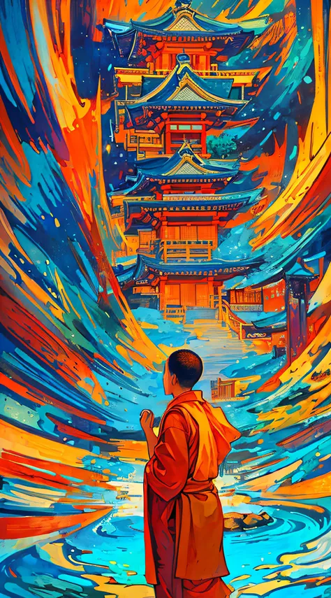 illustration style picture，monk standing in front of temple，there are elements of tang culture，abstract japanese style