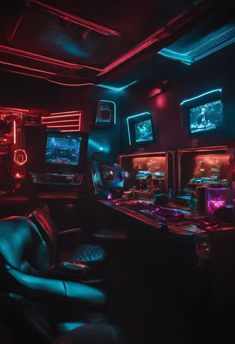 A photo of a beautifully decorated gaming setup with neon lights and futuristic technology,original,Overweight, wears fedora, neck beard, bad skin, bloodshot eyes, bad hygiene, greasy hair