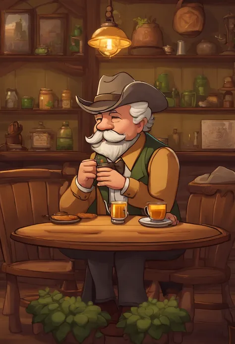 A photo of Mayor Lewis and Marnie sitting at a cozy table in the corner of the Stardrop Saloon, sharing a plate of glazed yams and sipping on green tea.,Stardew Valley,He wears a tan newsboy cap. He is old and has a big grey mustache. He is a white  man. H...