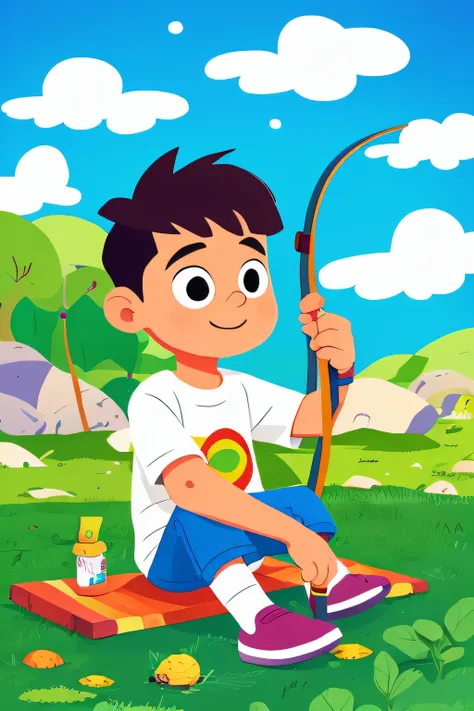 1 boy, solo, cartoon boy, full body, sitting on ground, going fishing, cartoon style, big head, colorful shirt, colorful, flat c...