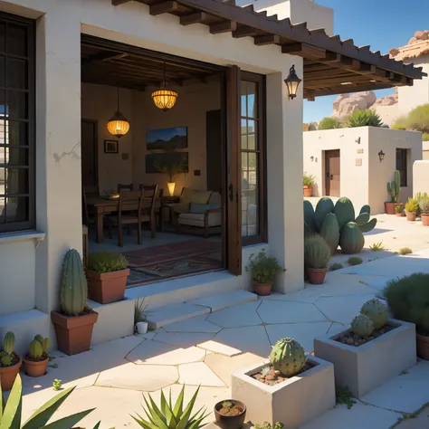 Aloe vera saguaros, lithops on the sand, stucco house with a patio and prickly pear, peppercress