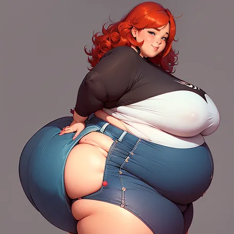 1girl, solo, Adult female, ((milf)), red hair, (long curly hair), (black jeans), blue vest, beautiful face, ((seductive expression)), blue eyes, smile, (white long sleeve shirt), subtle blush, ((masterpiece)), ((gigantic lower body)), looking at viewer, (o...