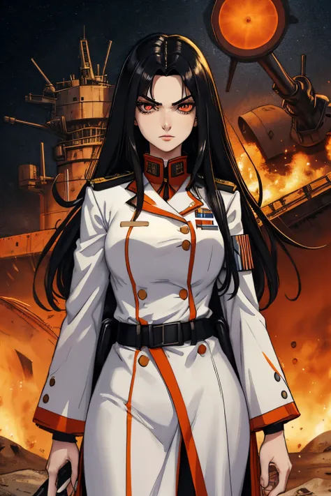 Long girl with white black hair of 17 years wears military costume, Capa naranja, Grandes ojos color avellana, Science-Fiction, dark mood, charturnerv2