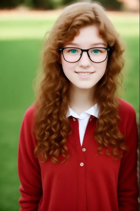 A puffy ginger hair fifteen year old with green eyes and glasses