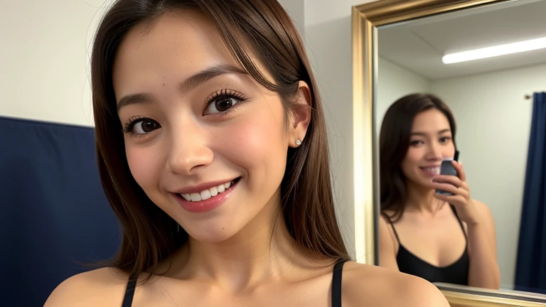 Highly detailed RAW color photo of a woman taking a selfie in the mirror, Linda sonrisa seductora, sonrisa burlona, sonrisa seductora amistosa, she is smiling and excited, leve sonrisa linda, Hermosa cara de chicas japonesas, Kemono, sonrisa muy grande, so...