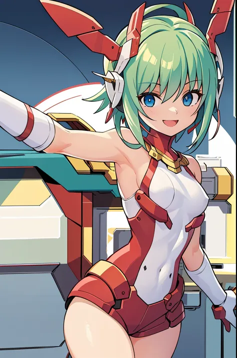 1 girl, white brazier, red shorts, sexy, smiling, green hair,short hair, blue eyes, mecha headgear, in a bed, erotic pose