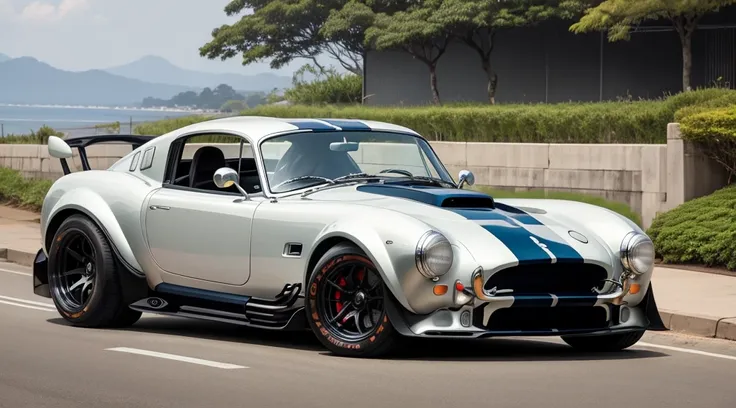 Uma image of Shelby Cobra X-Tesla, A sports car that combines the aggressiveness of the legendary Shelby Cobra with Tesla&#39;s innovative technology. The image should highlight the Cobra&#39;s aerodynamic lines, Modern Tesla Combo, Lighting and elegant de...