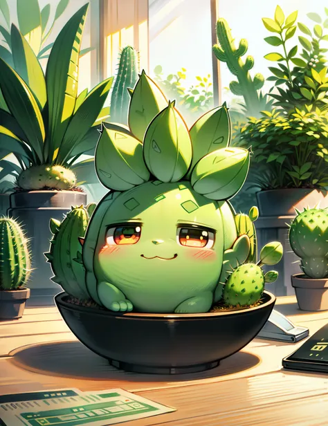 a cartoon cactus, anthropomorphic cactus, cute cartoonish, beautiful illustration, detailed digital art, cute art, cute pokemon style, adorable, holding a cactus