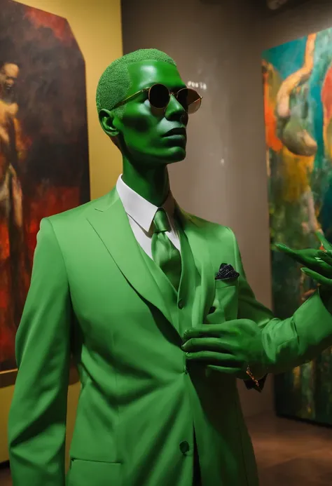 A sophisticated art gallery with modern and avant-garde pieces displayed on the walls.,original,Tall and slime man