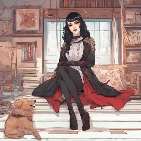 Elf girl with red eyes, light skin/pale, black hair, gothic style clothing, in a calm environment like a comfy cabin