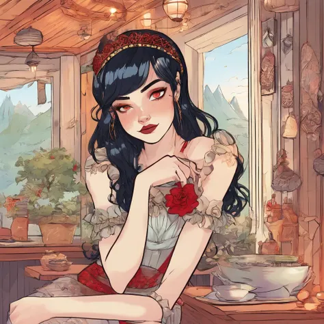 Elf girl with red eyes, light skin/pale, black hair, gothic style clothing, in a calm environment like a comfy cabin