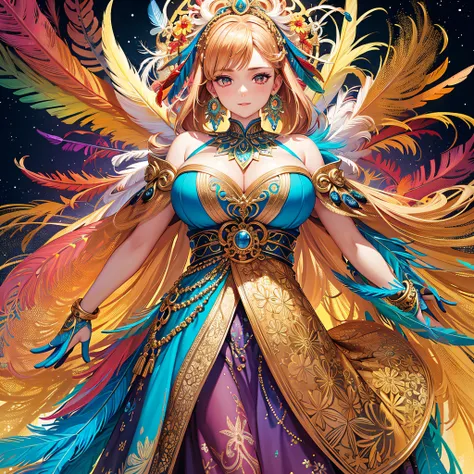 girl with，Huge breasts，off shoulders，Golden hair，Colored feathers，metal ornaments，colorful flower，Particle，Rays of Light，(masutepiece, of the highest quality, Best Quality, Official art, Beautiful and aesthetic:1.2), (1girl in:1.3), Extremely detailed,(Fra...