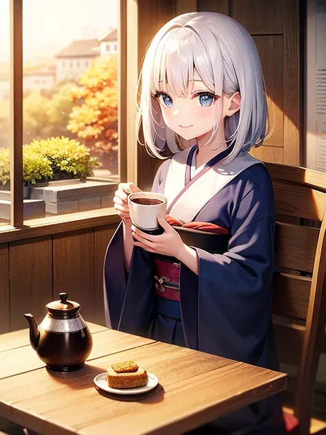 White hair、shorth hair、Blue eyes、Girl in kimono、countryside、tea shop、The table、sit a chair、drinking a cup of coffee、a smile、daytime、autumnal、