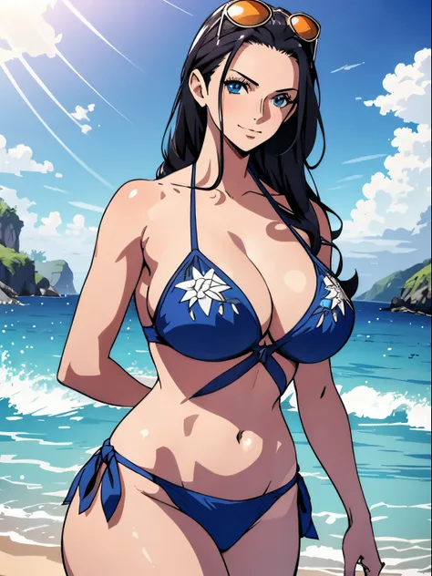 Ultra-realistic 8K CG，tmasterpiece，（（Ultra detailed backgrounds，delicate patterns，Complicated details）），Best quality at best，very vey very detailed face，very detailed eyes and faces，Very detailed eyes，nico robin, blue eyes,  beach, blue bikini,  curvy body...