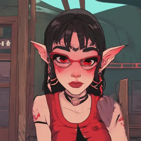 Elf girl with red eyes, light skin/pale, black hair, gothic style clothing, in a calm environment like a comfy cabin