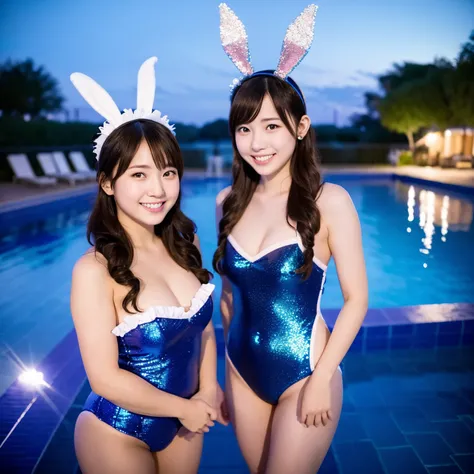 Two beautiful girls standing on the waterside of a night pool　Bunny Headband　sparkly blue swimsuit　A smile　Maids