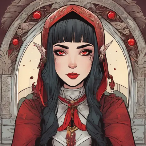 Elf girl with red eyes, light skin/pale, black hair, gothic style clothing, in a calm environment like a comfy cabin