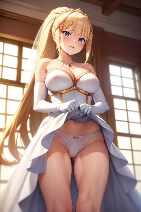 1girl, aaichika, tiara, bridal veil, necklace, cleavage, wedding dress, strapless dress, white dress, white gloves, elbow gloves, from below, skirt lift, white panties and sexy stockings, bare legs,, masterpiece, best quality, highly detailed, long hair, b...