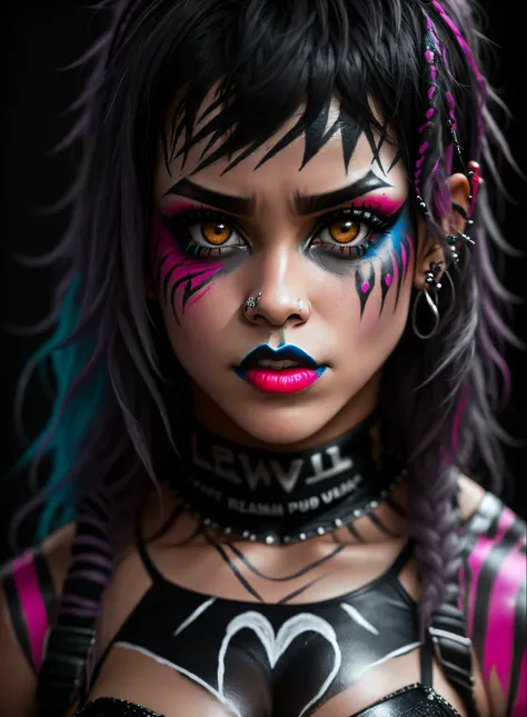 Punk rock, black girl, WWE wrestler, heavy face paint, scary, sexy, realistic portrait