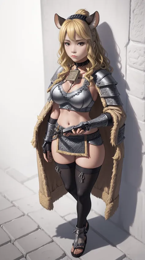 standing straight symmetrical, full body, solo girl looking to the camera, beautiful woman, viking warrior, fur cloak, armor, blonde hair, wavy hair, (closeup, portrait shot), (solo), realistic, cow bell choker, metal sandals, black thigh highs