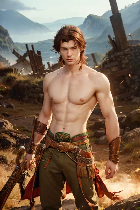 1Man, Irish god Aengus Óg, dark auburn hair, pale skin, Shirtless, wearing brown trousers, on a Celtic battlefield, drawn in the style of Yoshitaka Amano, high res, ultrasharp, 8K, masterpiece