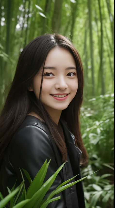 On a quiet spring afternoon，8K masterpiece of the highest quality.There is a 19 year old girl。She wore a tight black leather jacket，Sitting on a large moss-covered stone in the bamboo forest by the river。The sun shines on her face through the bamboo leaves...