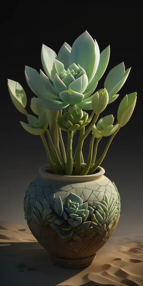 beste-Qualit, realisti, photo-realistic, ultradetailed, &quot;succulent grows from stone + faery + sand&quot; highly detailed porcelain carving &quot;southern desert&quot;, ultra wide angle, Accent lighting, voluminous lighting, back light, (detailed light...